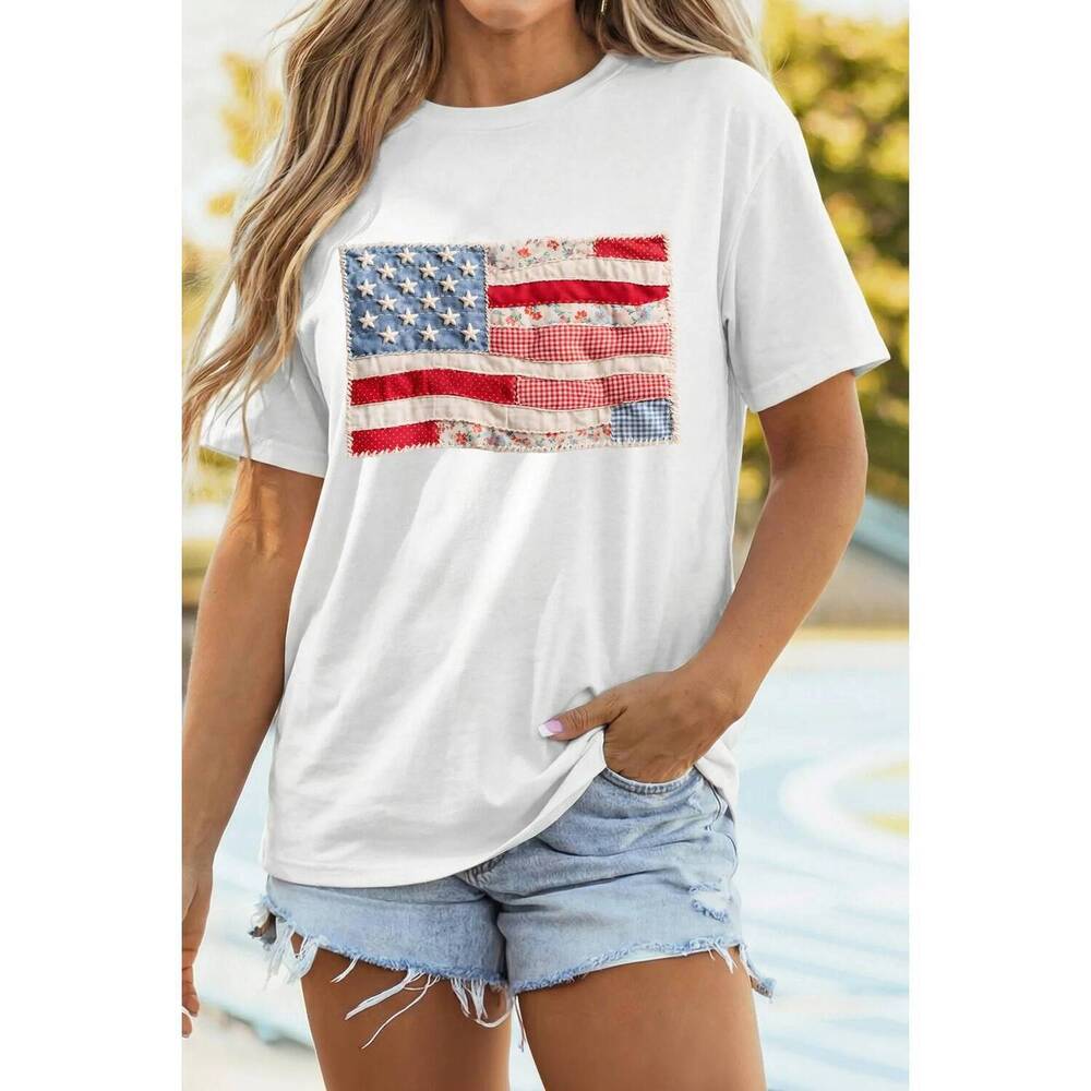NEW SHEWIN american flag patchwork casual tee in red multi